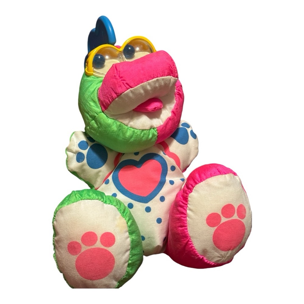 Fisher Price Baby Dinosaur PuffalumpTeether Neon Pink Green White 90's Vintage